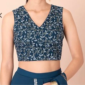 House of Indya Teal Floral Sequins Crop Top